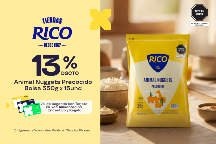 RICO POLLO:13% ANIMAL NUGGETS PRECOCIDO BOLSA X 350G BOLSA X 15UND
